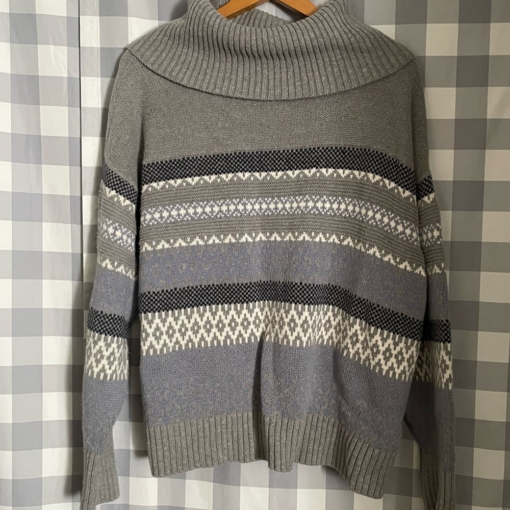 FRYE AND CO. Gray Fair Isle Knit Sweater Cowl Neck size XL